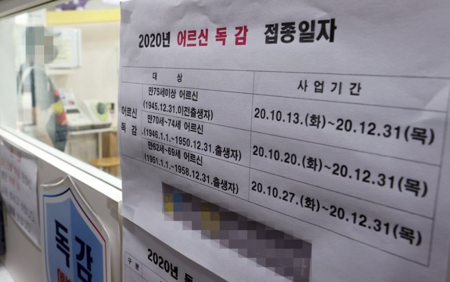 코로나19와 독감이 동시에 유행하는 '트윈데믹' 가능성으로 소아·청소년이나 노인 등은 독감 백신을 맞는 게 좋다고 권고하는 가운데 서울 한 병원에 붙은 관련 안내문.