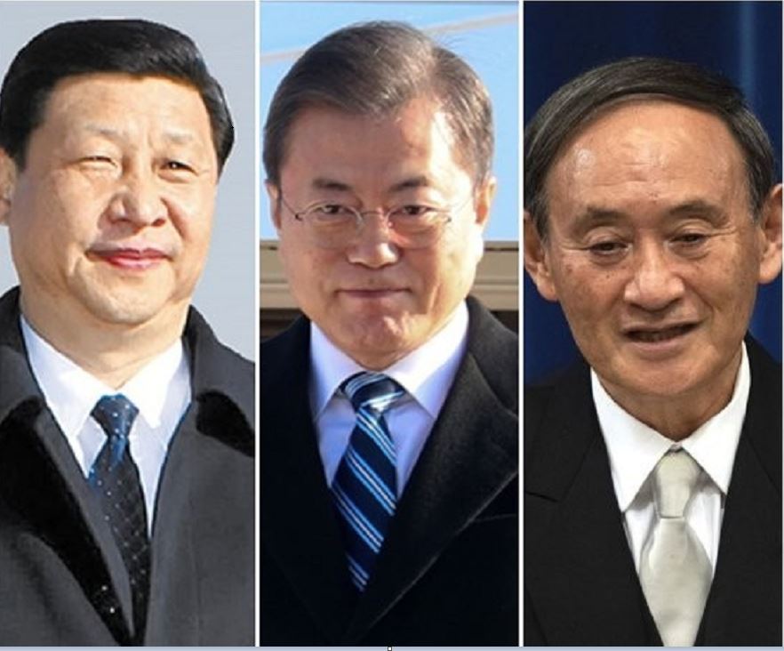 왼쪽부터 시진핑 중국 국가주석, 문재인 대통령, 스가 요시히데 일본 총리