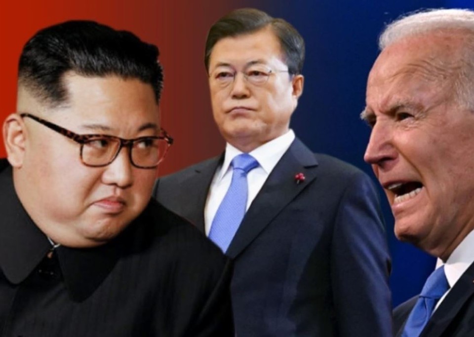 왼쪽부터 김정은 북한 노동당 총비서, 문재인 대통령, 조 바이든 미국 대통령