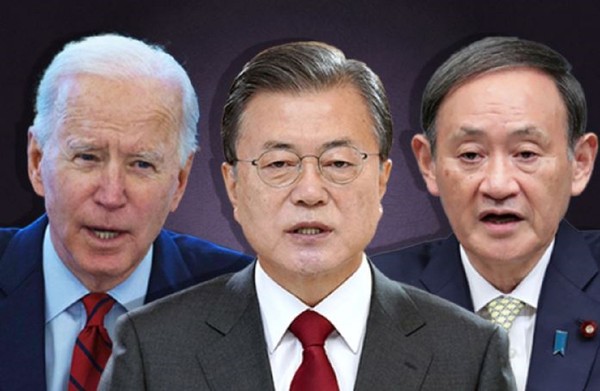 왼쪽부터 조 바이든 미국 대통령, 문재인 대통령, 스가 요시히데 일본 총리