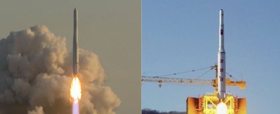 한국형 발사체 '누리호'(KSLV-Ⅱ) 발사(왼쪽)와 북한의 '광명성 4호' 위성 발사 장면.