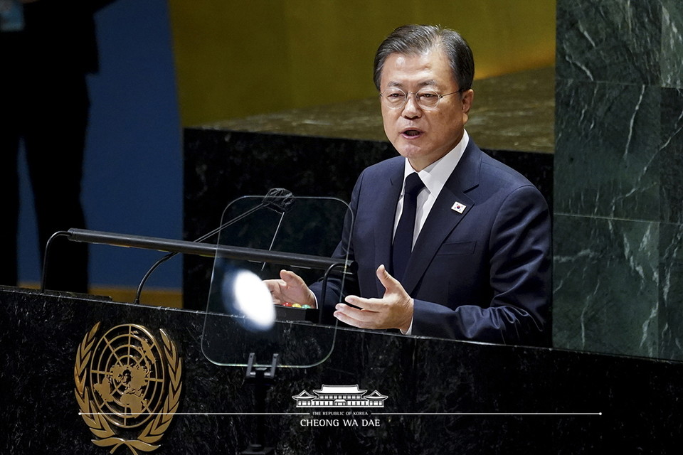 문 대통령은 9월 21일(현지시간) 미국 뉴욕에서 열린 제76차 유엔총회 기조연설을 하고 있다. Ⓒ청와대