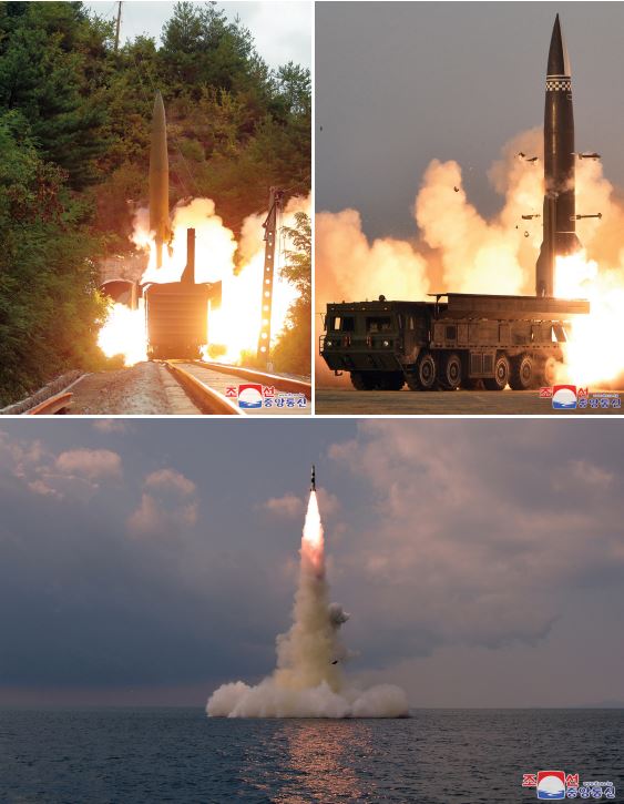 북한 KN-23 전술 미사일 파생형 (좌: 철도 발사형, 우: 대형화형, 아래: SLBM형)