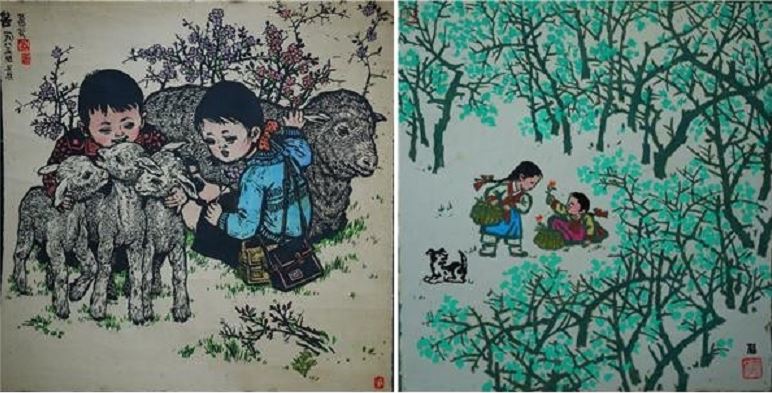 리정섭 '봄 1 & 2' , 다색 판화, 왼쪽 1985년 작, 오른쪽 연대 미상
