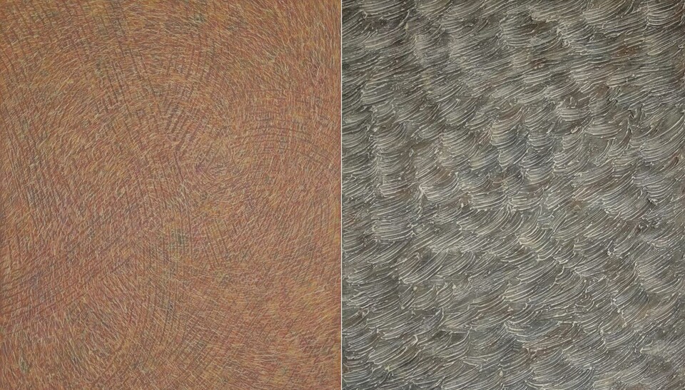 우병윤 '중첩(重疊)', 100.0x80.3cm Plaster & gouache on wood panel, 2023(왼쪽), '중첩', 65.2x53.0cm Plaster & gouache on wood panel, 2024(오른쪽)